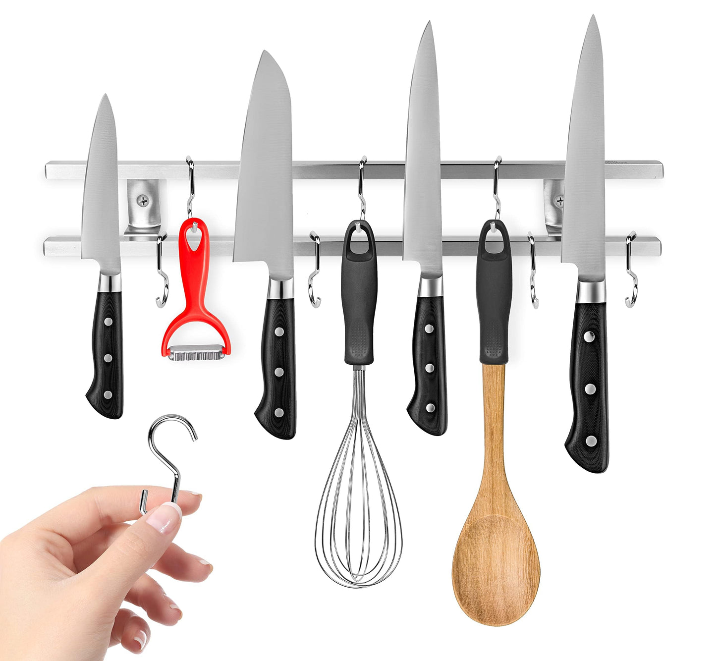 Magnetic Stainless Steel Knife & Utensil Bar (16", 8 Hooks)